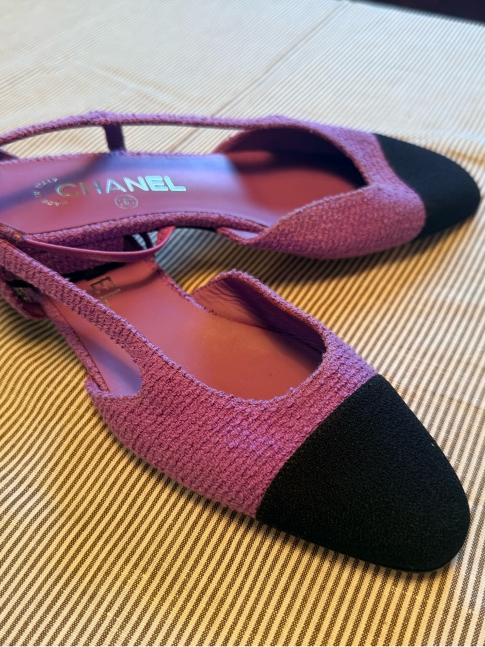 CHANEL Purple and Black Tweed Cap-toe Slingback Flats 38